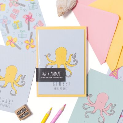 Invitation card set for children's birthday party "Party Animal-Octopus"