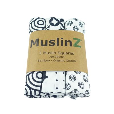 MuslinZ 3pz Quadrati in mussola di bambù/cotone biologico - Stampe sensoriali