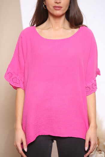 Top à manches en dentelle de coton fuchsia 4