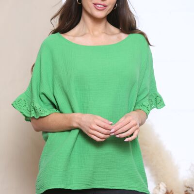 Green cotton lace sleeve top