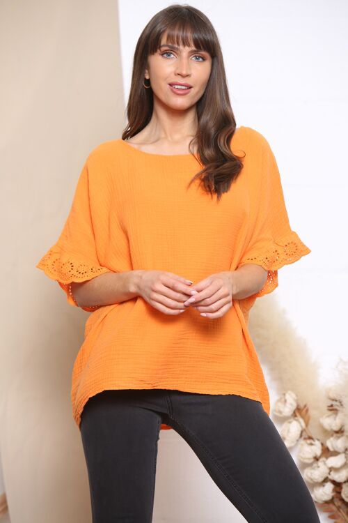 Orange cotton lace sleeve top