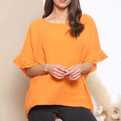 Orange cotton lace sleeve top