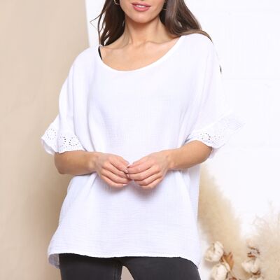 White cotton lace sleeve top