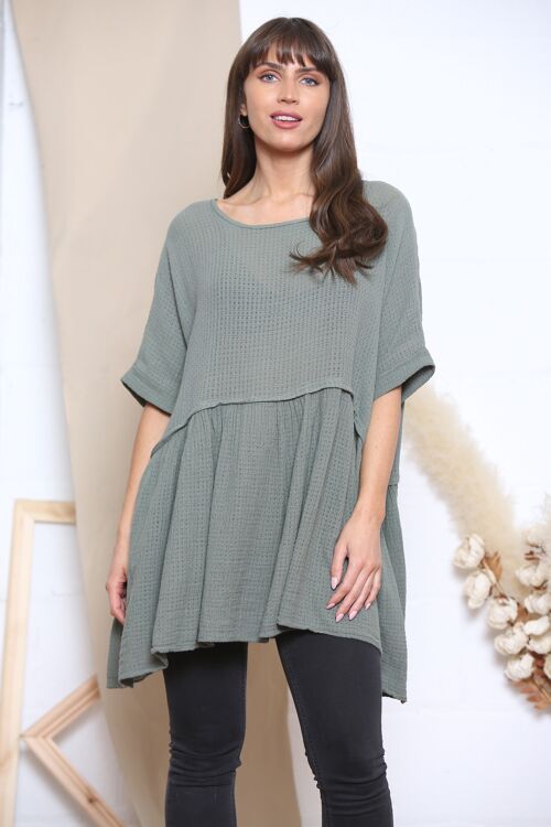 Khaki waffle knit ruffled top