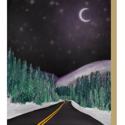 Carte de Noël de voyage sur la route d'hiver