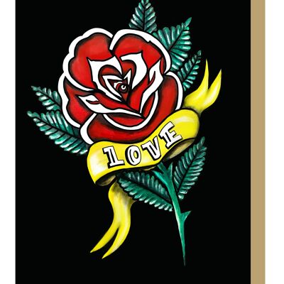 Carte de voeux de tatouage rose avec bannière d'amour