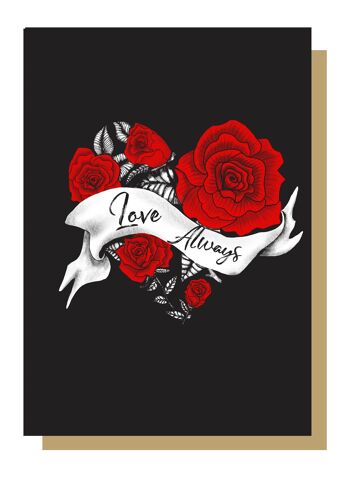 Aimez toujours le tatouage de coeur et de roses, carte romantique 1