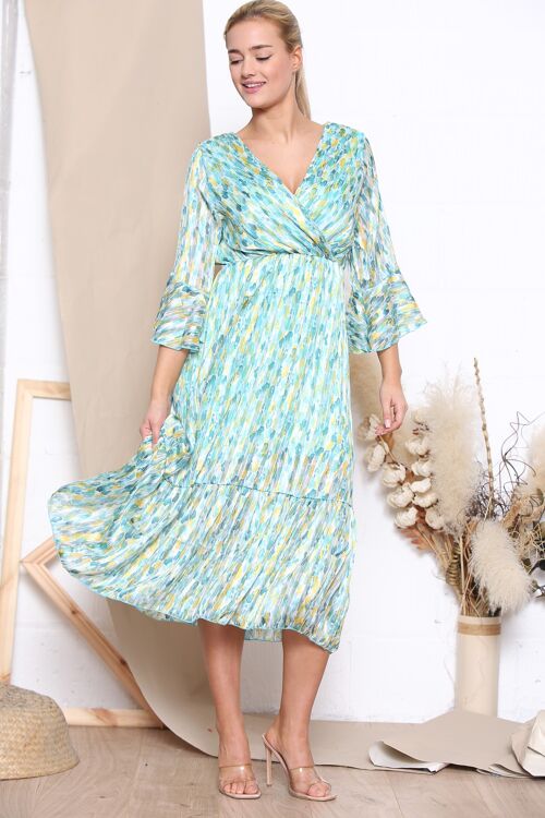 Green color dot pattern midi dress