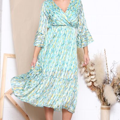 Green color dot pattern midi dress