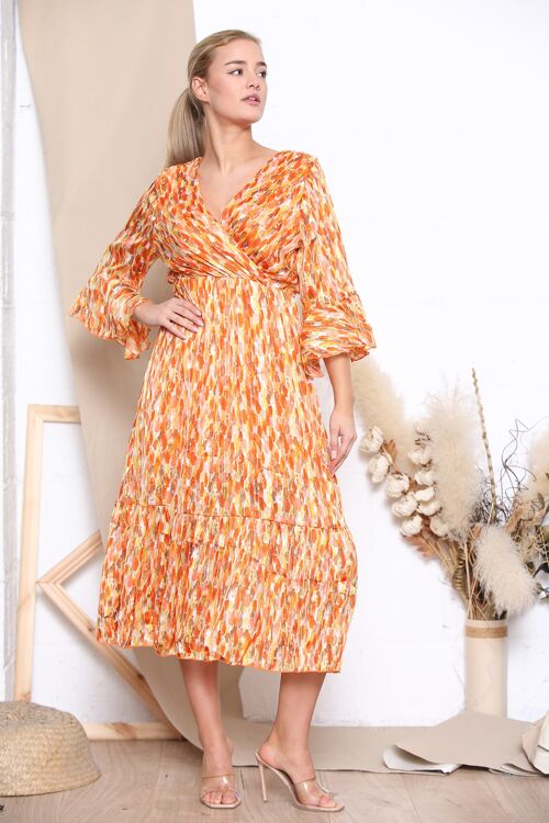 Orange color dot pattern midi dress