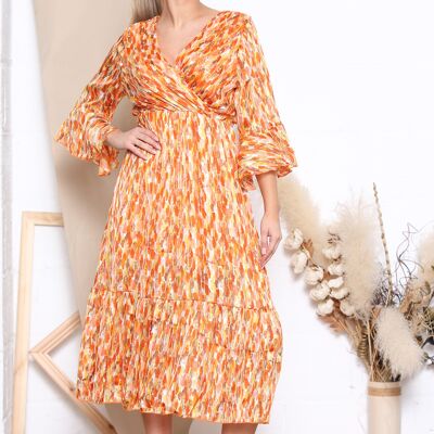 Orange color dot pattern midi dress