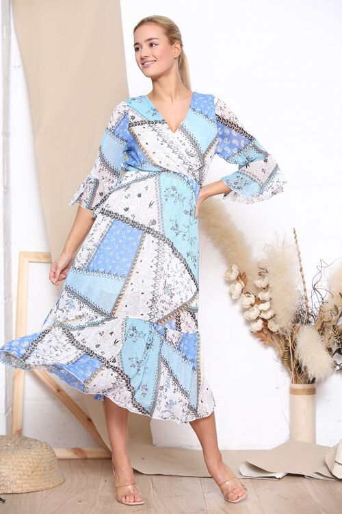Blue patterned V neck midi dress