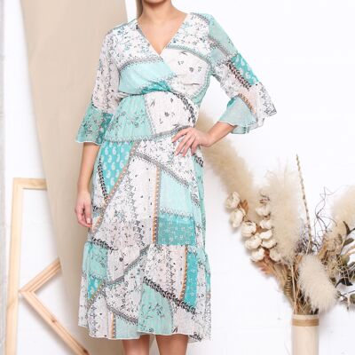 Robe midi col V verte à motifs