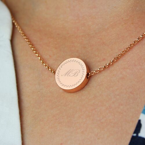 Personalised Wreath Initials Rose Gold Tone Disc Necklace