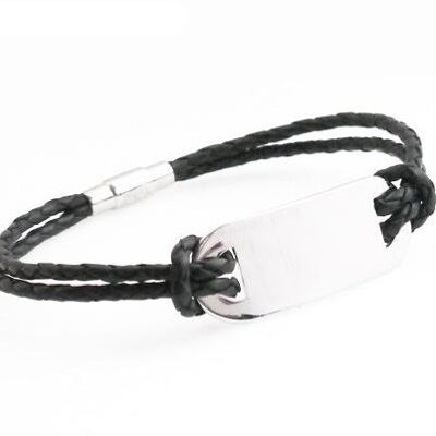 Pulsera de cuero de acero tribal personalizada con placa de identificación regalo de San Valentín - negro