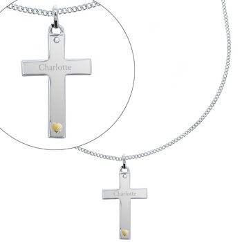 Croix en argent sterling personnalisée avec coeur en or 9 carats et collier CZ 1