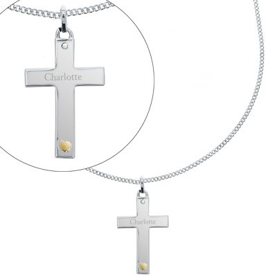 Cruz personalizada de plata esterlina con corazón de oro de 9 quilates y collar de circonitas cúbicas
