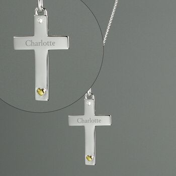 Croix en argent sterling personnalisée avec coeur en or 9 carats et collier CZ 2
