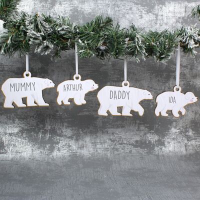 Personalised Set of Four Polar Bear Family Wooden Hanging Decorations