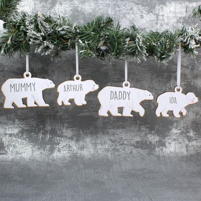 Juego personalizado de cuatro decoraciones colgantes de madera de la familia del oso polar