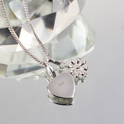 Personalised Heart and Daisy Sterling Silver Necklace
