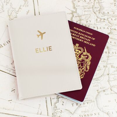 Porte-passeport crème personnalisé avec nom doré