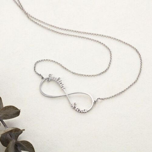 Personalised Custom infinity Name Necklace - 925 Sterling Silver - White Gold Plated - 18 inch