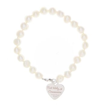 Bracelet personnalisé de perles d'eau douce blanches de première communion de tourbillons et de coeurs 2