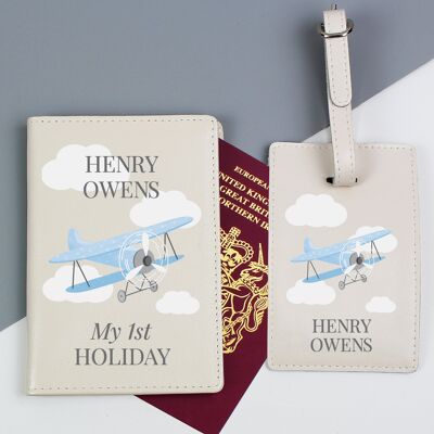 Set di porta passaporto e etichetta per bagagli personalizzati in aereo blu