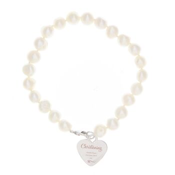 Bracelet personnalisé de perles d'eau douce blanches de tourbillons et de coeurs de baptême 2