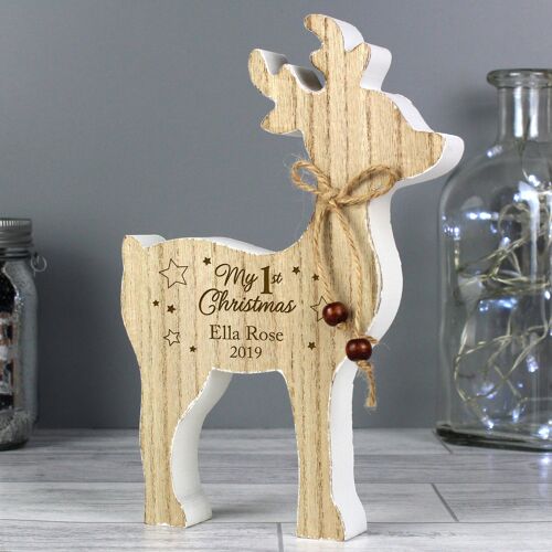 Personalised '1st Christmas' Rustic Wooden Reindeer Decoration