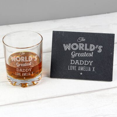 Juego de posavasos de pizarra y vaso de whisky "The Worlds Greatest" personalizado