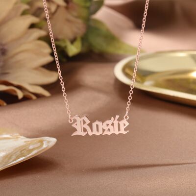 Personalisierter Name aus 925er Silber, alte englische Schriftart, Hip-Hop-Halskette – Kupfer – rosévergoldet – 14