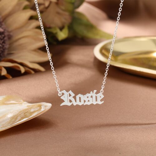 Personlised 925 Silver Name Old English Font, Hip-hop Necklace - Copper - White Gold Plated - 14