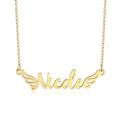 Personalised 925 Sterling Silver Cutout Name Necklace with Wings Design - Gold Plated