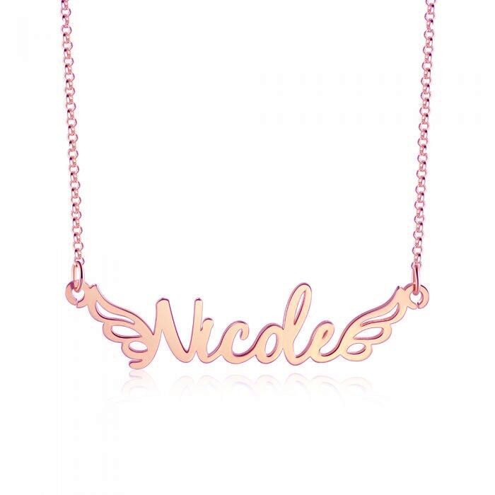 Collana personalizzata con nome ritagliato in argento sterling 925 con design ad ali - Placcato in oro rosa
