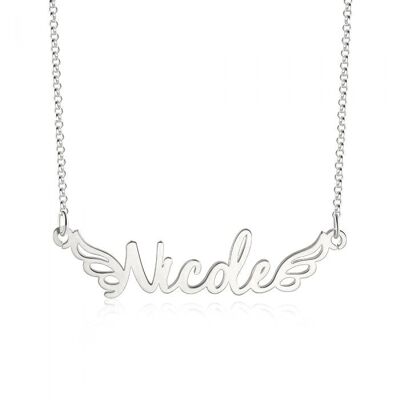 Collar personalizado con nombre recortado de plata de ley 925 con diseño de alas - Chapado en oro blanco