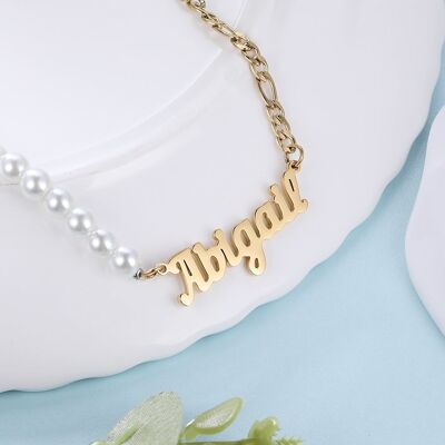 Personalised Stainless Steel Pearl Cutout Name Necklace A
