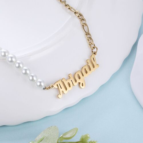 Personalised Stainless Steel Pearl Cutout Name Necklace C