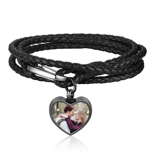 Personalised Black Leather Photo Charm Bracelet