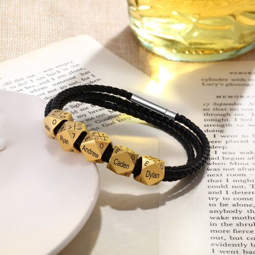 Personalized Stainless Steel Gold Charm Bead Leather Bracelet A