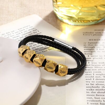 Pulsera de cuero con abalorios dorados de acero inoxidable personalizada B