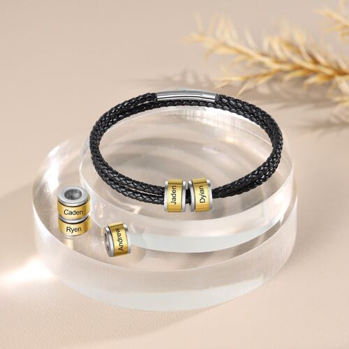 Personalized Stainless Steel Black Leather Gold Bead Bracelet - 2