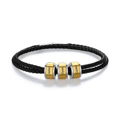 Bracciale personalizzato con perline dorate in pelle nera in acciaio inossidabile - 3