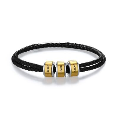 Personalized Stainless Steel Black Leather Gold Bead Bracelet - 3