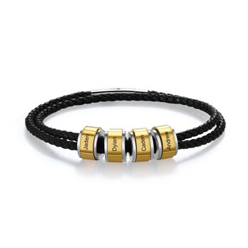 Bracelet Perles Or Cuir Noir Acier Inoxydable Personnalisé - 4 1