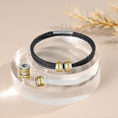 Personalized Stainless Steel Black Leather Gold Bead Bracelet - 5