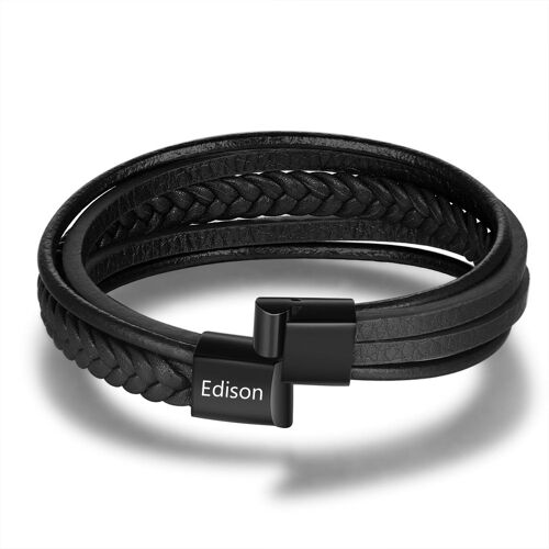 Stainless Steel Black / Brown Leather Bracelet - Black