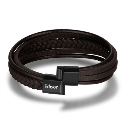 Stainless Steel Black / Brown Leather Bracelet - Brown