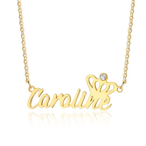 Personalised Custom Cutout Name Necklace With Birthstone & Crown - Gold Plated